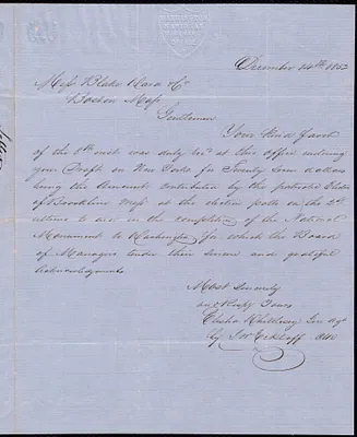 Letter acknowledging contribution for the Washington Monument, 12/14/1852
