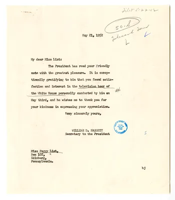 Letter from Peggy List to President Harry S. Truman with a Reply from William D. Hassett