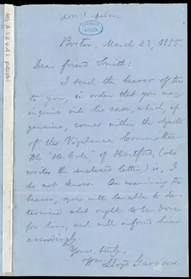 Letter from William Lloyd Garrison, Boston, [Mass.], to Joshua Bowen Smith, March 23, 1855