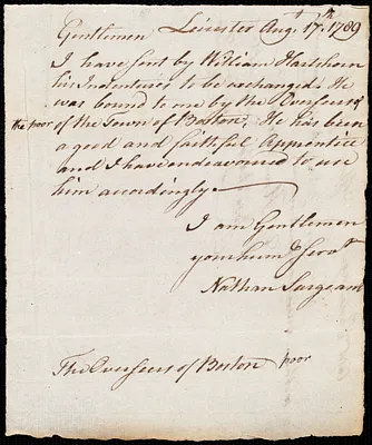 William Hartshorn indentured to apprentice with Nathan Sargeant of Leicester, 23 February 1774
