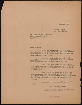 Amleto Fabbri (Sacco-Vanzetti Defense Committee) typed letter (copy) to Dudley Paul Babcock, Boston, Mass., December 14, 1925