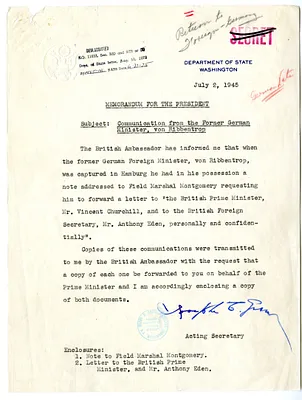 Memorandum from Joseph Grew to President Harry S. Truman, with Attachments