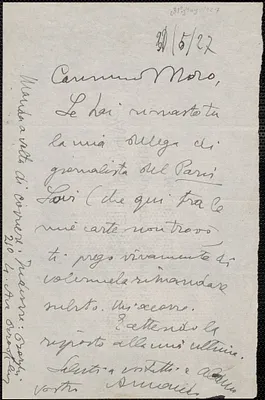 Armando Borghi autograph note signed, in Italian, to Joseph Moro, Brooklyn, N.Y., May 31, 1927