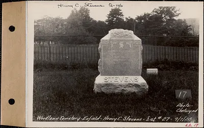 Henry C. Stevens, Woodlawn Cemetery, new section, lot 27, Enfield, Mass., Sept. 7, 1928