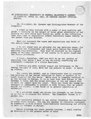 Associated Press Stenographic Transcript of General Douglas MacArthur's Address to Congress