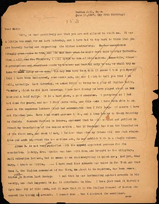 Bartolomeo Vanzetti typed letter (copy) to Mary Donovan, Dedham, 11 June 1927