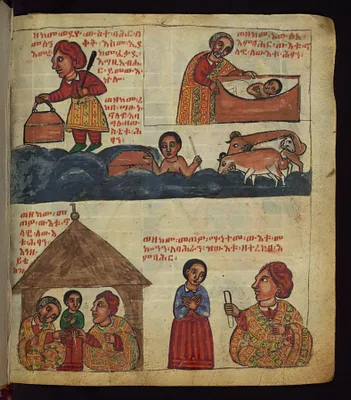 Above: How he put Bahran in a body of water, and how a shepherd found the child and brought him from the body of water;Below: How the shepherd delivered the child, and the nobleman gave a sealed letter to Bahran