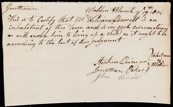 Charlotte Curtis indentured to apprentice with William Barrett of Malden, 19 March 1804