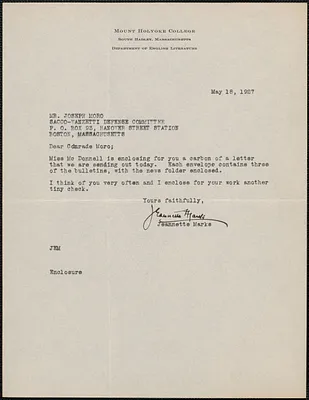 Jeannette Marks typed note signed to Joseph Moro, South Hadley, Mass., May 18, 1927