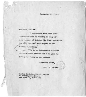Correspondence Between President Harry S. Truman and Nicholas Murray Butler, with Attachment