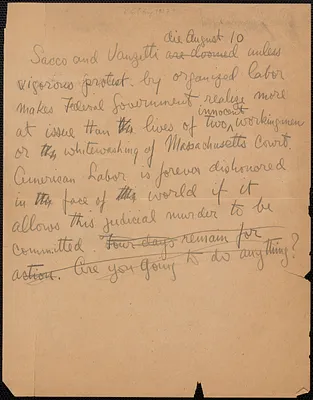 Sacco-Vanzetti Defense Committee autograph circular (draft), Boston, Mass., [August 6?, 1927]