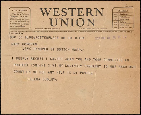 Helena Dudley telegram to Mary Donovan, Potter Place, N.H., August 10, 1927