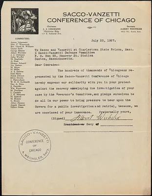 Albert Wechsler (Sacco-Vanzetti Defense Conference of Chicago) typed letter signed to Sacco-Vanzetti Defense Committee, Chicago, Ill., July 23, 1927