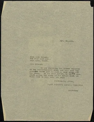 Sacco-Vanzetti Defense Committee typed note to Alma Holser, Boston, Mass, November 29, 1926