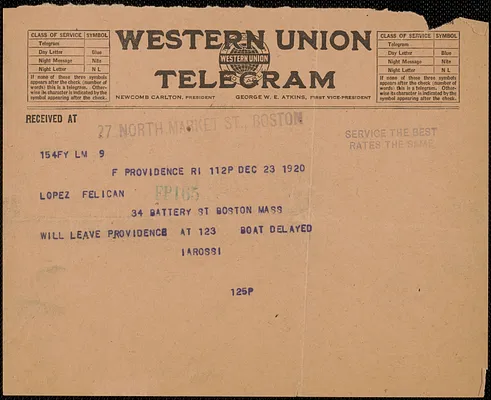 A[ugusto?] Rossi telegram to Frank R. Lopez and Aldino Felicani, Providence, RI, December 23, 1920