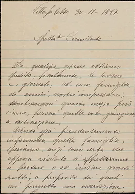 Luisa Vanzetti [Luigia] autograph letter signed, in Italian, to [Sacco-Vanzetti Defense Committee], Villafalletto, Italy, November 30, 1927