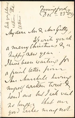 Emily Tennyson autograph letter signed to Mr. and Mrs. Gatty, Farringford, [Isle of Wight], 23 December 1859