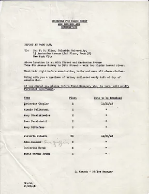 Memorandum to Catherine Chaplar, Minnie Bellantoni, Mary Stasiukiewicz, Jean Persichetti, Mary DiStefano, Victoria DiSalvo, Ann Griffin, Catherine Novek, Marie Marano Argen, November 22, 1948