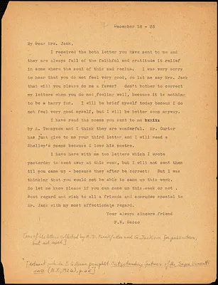 Nicola Sacco typed letter (copy) to Mrs. [Cerise] Jack, [Dedham], 18 December 1923