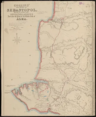 Collins' environs of Sebastopol, showing the position of the investing armies and also the plan of the battle-field of Alma