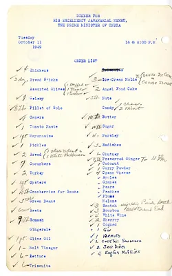 White House Shopping List for State Dinner for Jawaharlal Nehru