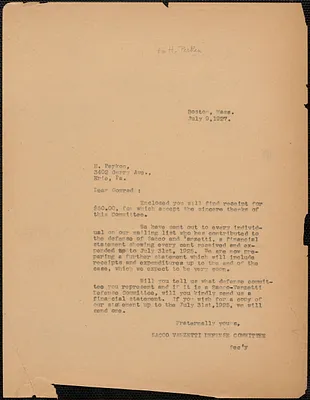Sacco-Vanzetti Defense Committee typed letter (copy) to H. Perken, Boston, Mass., July 9, 1927