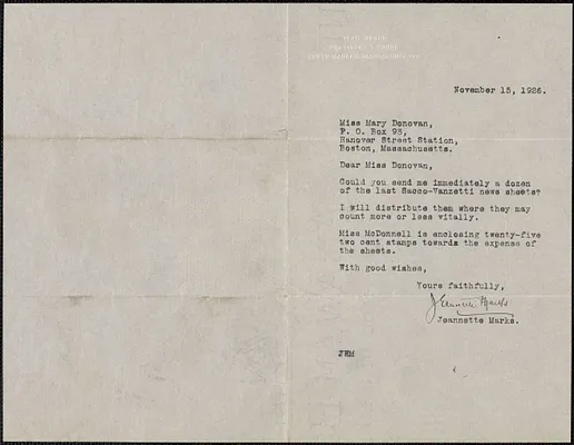 Jeannette Marks typed note signed to Mary Donovan, South Hadley, Mass., November 15, 1926