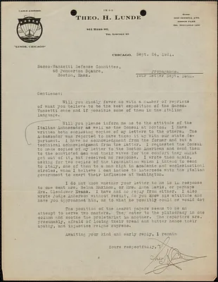 Theodore H. Lunde typed letter signed to Sacco-Vanzetti Defense Committee, Chicago, Ill., September 24, 1921