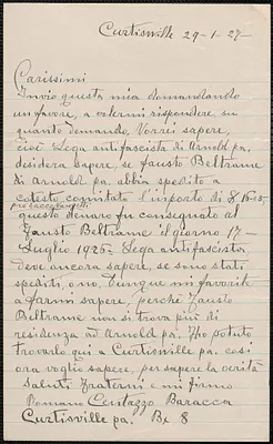 Romano Centazzo Baracca autograph letter signed, in Italian, to Sacco-Vanzetti Defense Committee, Curtisville, Pa., January 29, 1927