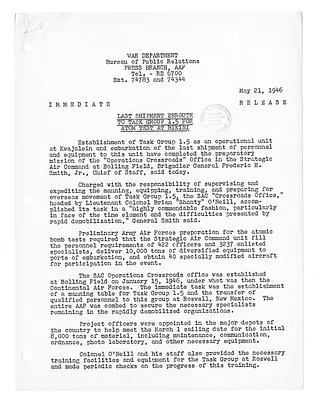 War Department Press Release