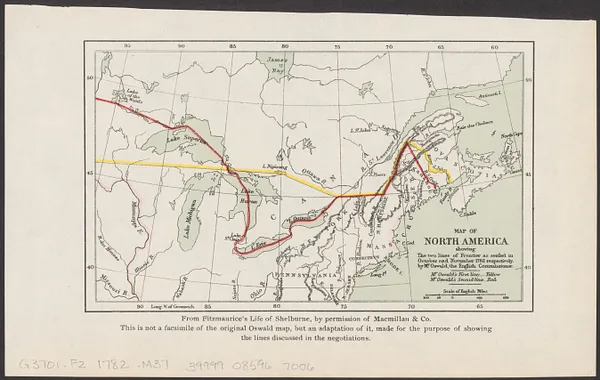 Map of North America showing the two lines of frontier as settled in October and November 1782 respectively by Mr. Oswald, the English commissioner