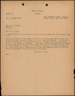 Fred H. Moore typed note (copy) E[lizabeth] G[lendower] Evans, Boston, Mass., August 15, 1923