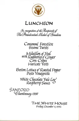 Cards-Luncheon Menu-Recipients of the Presidential Medal of Freedom, December 11, 1992, The White House