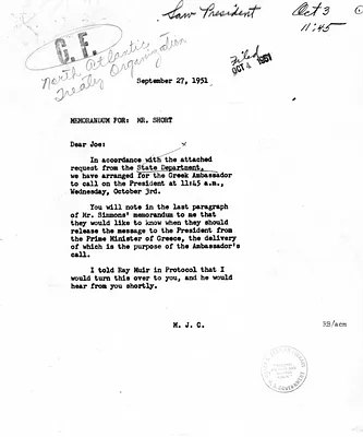 Memorandum from Matthew Connelly to Joseph Short with Attachment