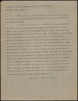 Citizens National Committee for Sacco and Vanzetti press release (copy), [Boston, Mass.], August 19, [1927]