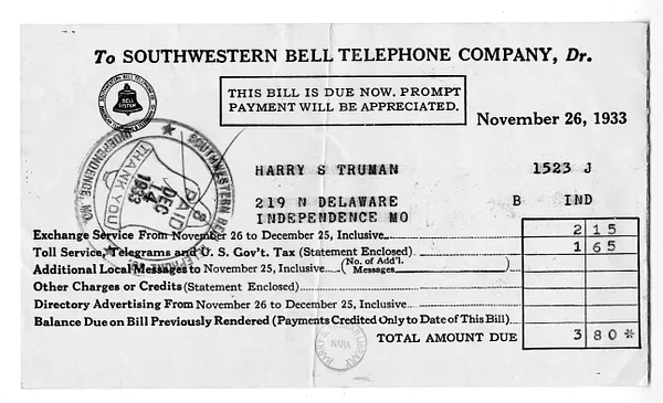 Bill from Southwestern Bell Telephone Company to Harry S. Truman