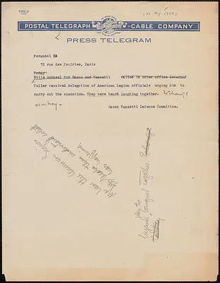 Sacco-Vanzetti Defense Committee telegram (copy) to Ferandel, [Boston, Mass., August 22, 1927]
