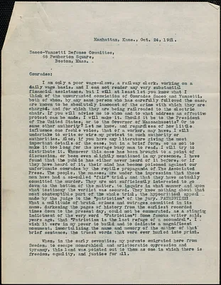 Arthur Ackland typed letter signed to Sacco-Vanzetti Defnese Committee, Manhattan, Kan., October 24, 1921