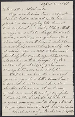 Sacco-Vanzetti Case Records, 1920-1928. Correspondence. Bartolomeo Vanzetti to Mrs. Gertrude L. Winslow, April 6, 1927. Box 40, Folder 112, Harvard Law School Library, Historical & Special Collections