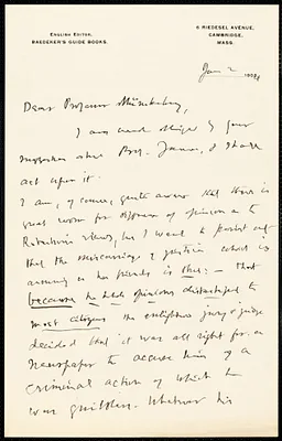Muirhead, James F. (James Fullarton), 1853-1934 autograph letter signed to Hugo Münsterberg, Cambridge, Mass., 2 January 1904