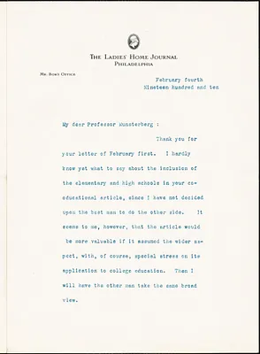 Bok, Edward William, 1863-1930 typed letter signed to Hugo Münsterberg, Philadelphia, 04 February 1910