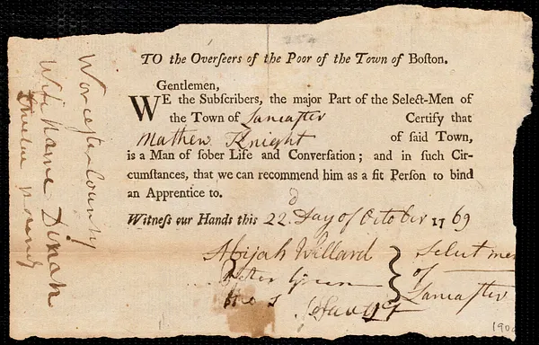 John Godfrey indentured to apprentice with Matthew Knight of Lancaster, 26 October 1769