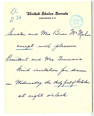 Invitation Reply, Senator and Mrs. Brien McMahon to the White House Social Office