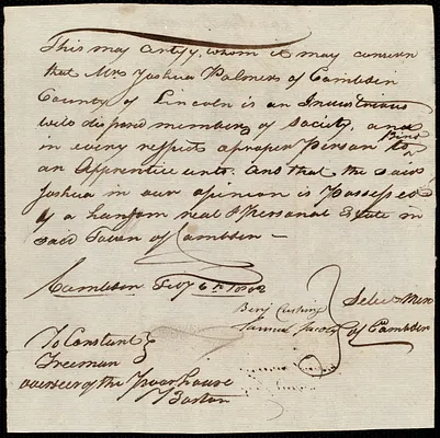 John Marmior indentured to apprentice with Joshua Palmer of Camden, 6 December 1801