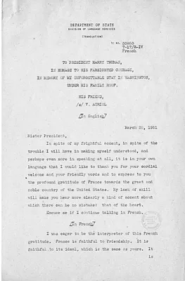 Translation of Toast by President of the French Republic Vincent Auriol to President Harry S. Truman