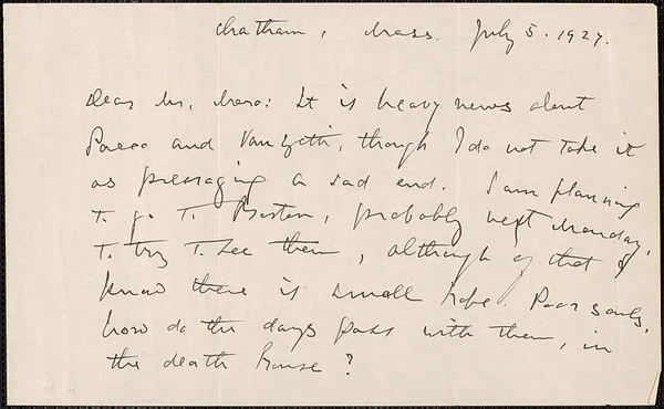Elizabeth G[lendower] Evans autograph letter signed to [Joseph] Moro, Chatham, Mass., July 5, 1927