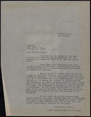 Sacco-Vanzetti Defense Committee typed letter (copy) to I. Bloom, Boston, Mass., May 9, 1927
