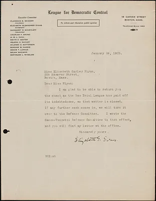 Elizabeth G[lendower] Evans (League For Democratic Control) typed note signed to Elizabeth Gurley Flynn, Boston, Mass., January 19, 1925
