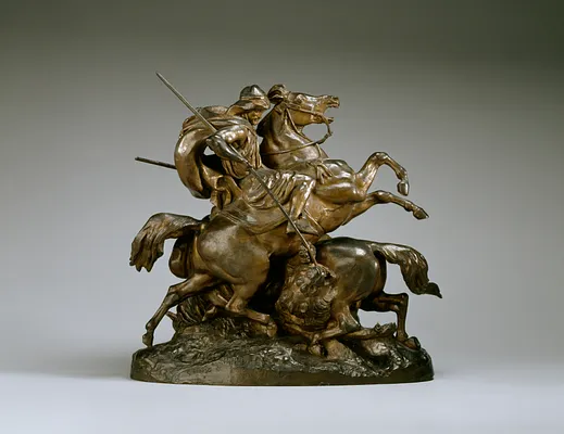 Two Arab Horsemen Killing a Lion