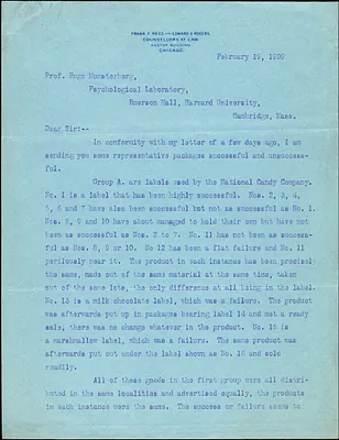 Rogers, Edward S., fl. 1909 typed letter signed to Hugo Münsterberg, Chicago, 19 February 1909